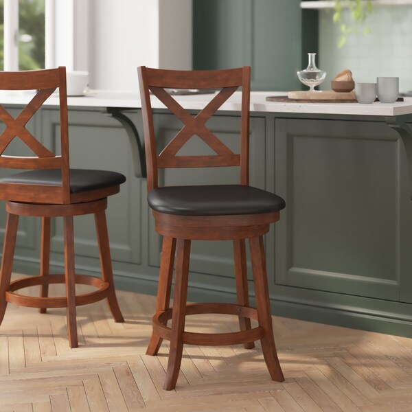 Flash Furniture Felicity Wood Classic Crossback Swivel Counter Height Barstool w/Padded Blk LeatherSoft Seat, Oak ES-UN1-24-OAK-GG - main